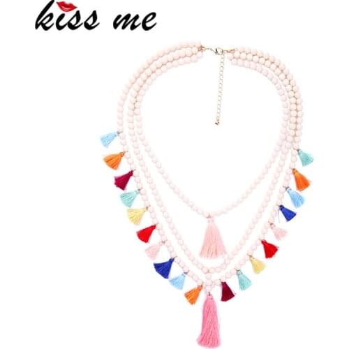 KISS ME Multi Color Tassel Choker Necklace Women Bohemian Beads Chain Layered Necklace Ethnic Jewelry