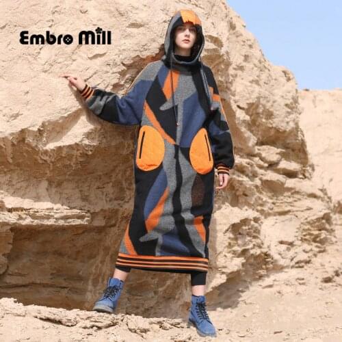 Autumn kaleidoscope Contrast color Hooded Wool Dress Sport and Leisure Style Long Sleeve Down Pocket Loose Woman Dress S-L