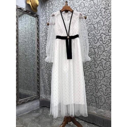 White Blue Long Dress 2021 Autumn Winter Party Evening Women Polka Dot Patterns Beading Long Sleeve Sexy Tulle Mesh Maxi Dress