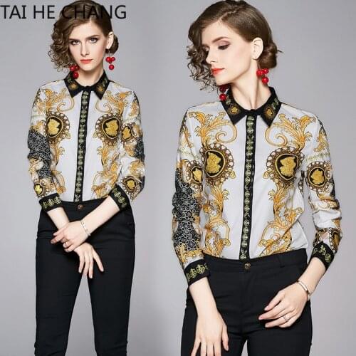 2019 New Tops Summer Fashion Retro Casual Shirt Long Sleeve Print Vintage Work Office Blouses Shirts Women