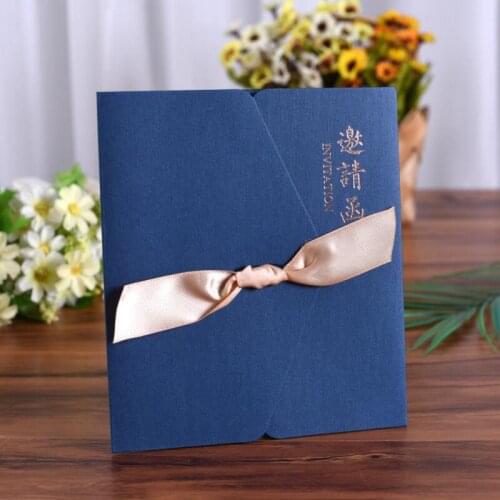 30pcs/lot Luxury Business Meeting Invitation High-grade Paper Ribbon Bow Opening Event Invitations Without Envelopes