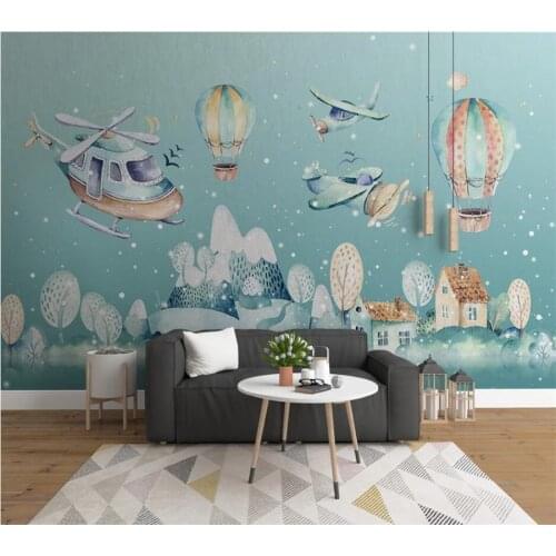 Beibehang Custom wallpaper 3d murals new Nordic hand drawn cartoon village helicopter hot air balloon children room 3d wallpaper