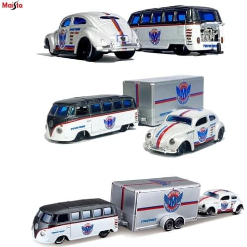 Maisto 1:64 Design Team Haulers Volkswagen Van Samba Car Trailer Volkswagen Beetle Car model collection gift Toy boy