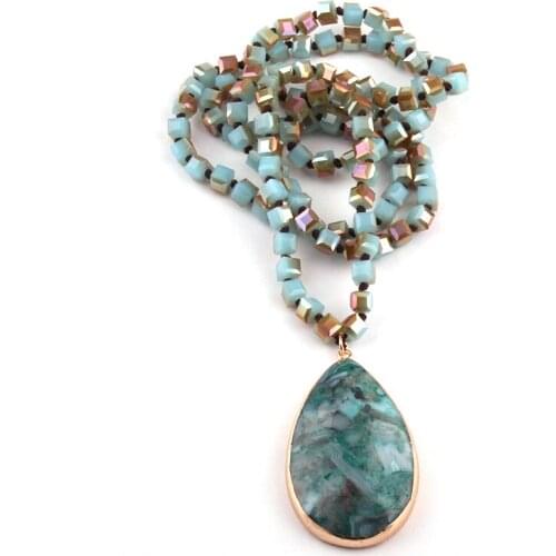 Free Shipping Fashion Square Glass Long Knotted Natural Stone Pendant Necklaces For Women Ethnic Necklace