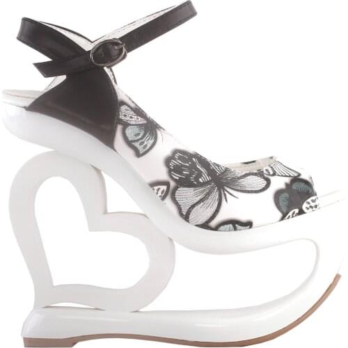 LF40215 SHOW STORY Punk Black Spider Web Lace-Up Heart Heel Wedge Platform Club Sandals
