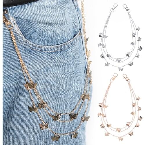 Punk Street Butterfly Belt Waist Chain Male Women Pants Chain Multi Layer HipHop Hook Trousers Jeans Keychain Pendant Jewelry