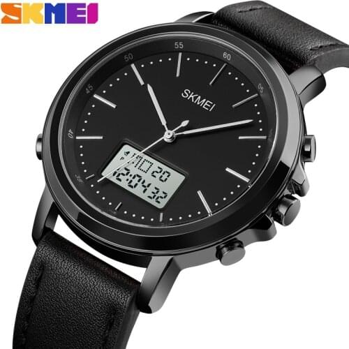 SKMEI Dual Display Casual Watches For Men Chrono Alarm Digital Mens Wristwatch Leather Strap Waterproof Watch reloj hombre 1652