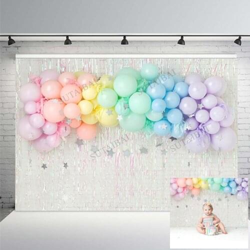 Twinkle Sliver Star Child Portrait Backdrop Photocall Rainbow Balloons Baby Birthday Cake Smash Background Photography Photo