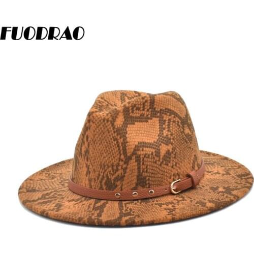 FUODRAO Fashion Women Wool Fedora Serpentine Jazz Hat Men Felt Wide Brim Fedora Vintage Panama Trilby Caps With Belt F144