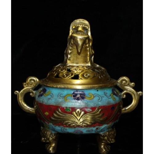 China brass cloisonne dragon head Incense burner crafts statue