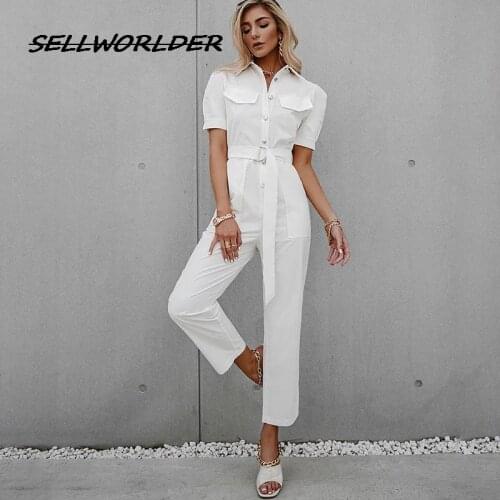 White Puff Sleeve Lace-up Women Jumpsuit Fashion Outfit High Street Solid Summer Jumpsuits 2021 Casual button Jumpsuit