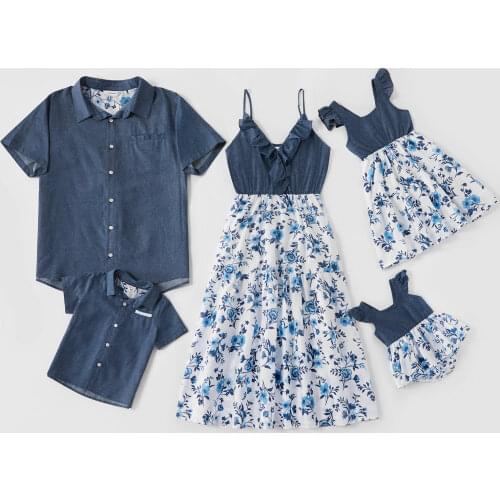 PatPat 2021 New Arrival Summer Mosaic Cotton Family Matching Floral Flounce Tank Dresses and Denim Tops Family Look Sets
