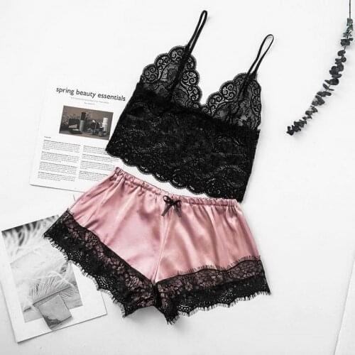 2Pc/Set High Quality Floral Cami Top & Lace Trim Satin Shorts Lingerie Set Sexy Bra And Panty Set Sleeveless Women Underwear Set