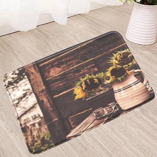 Retro Wood Board Bathroom Mat Autumn Scenery Maple Leaf Meadow Yellow Defoliation Flower Sunflower Bedroom Kitchen Non-Slip Rugs