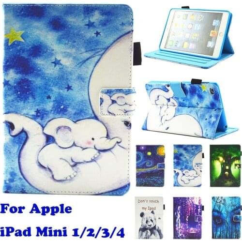 Fashion Sky Elephant Panda Pattern Stand Pu Leather Fundas Case For Apple iPad Mini 1/2/3/4 Mini 4 Tablet Cover Cases Coque