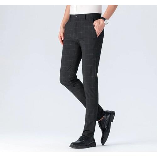 Mens Slim-Fit Flat-Front Dress Pants 2021 New Arrivals Summer Thin Lattice Men Suit Pants Business Casual Male Trousers 40