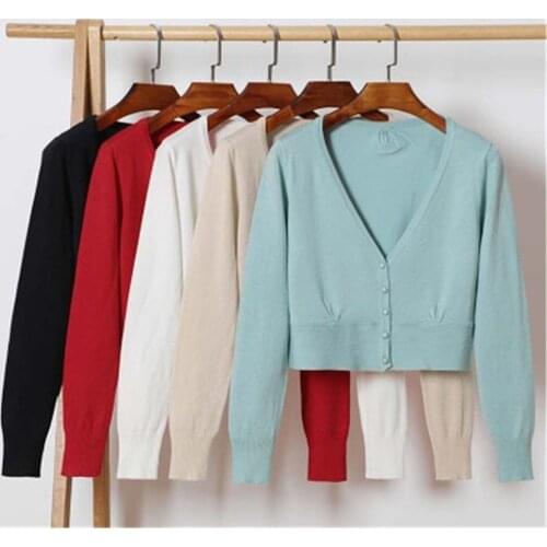 2019 Autumn Short Cardigans Women V neck Long Sleeve Knitted Cardigan Sweaters Ladys Solid Casual Sweater Coat Tops PZ731