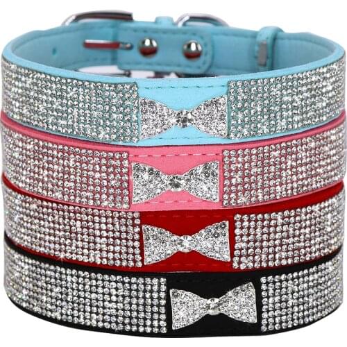 Bling Rhinestone Dog Collar Soft Suede Leather Puppy Cat Necklace Collars With Cute Bowtie For Small Medium Dogs Cats Pink