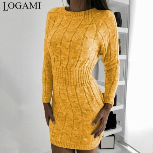 LOGAMI O Neck Knitted Sweater Dress Women Autumn Long Sleeve Wrap Mini Sexy Bodycon Winter Sweater Dress