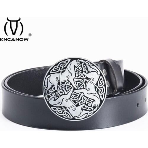 Designer Belts Retro Round Celtic Knot Running Horses Buckle Arts Crafts Belt Men Genuine Cow Leather Waist Band Honorable Strap