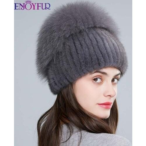 ENJOYFUR Real Fox Fur Hat Female Natural Mink Fur Women Winter Hats Vertical Rhinestones High Quality Beanies Fashion Caps