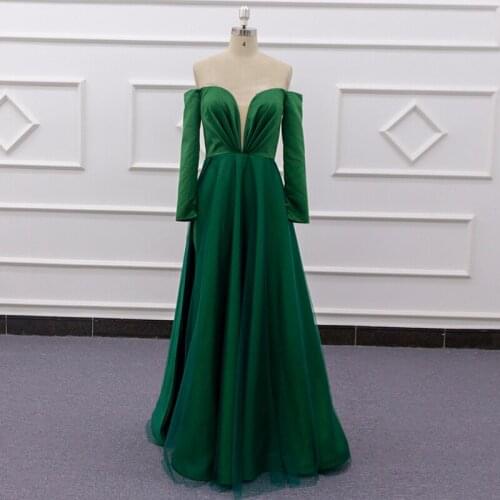 SJ291 custom made style simples plain green off shoulder pleat long sleeve dress evening dress