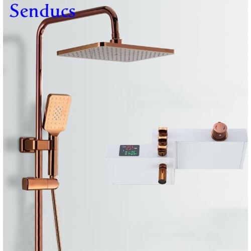 Rose Gold Bathroom Digital Shower Set Square Brass Bathtub Mixer Faucet Rainfall Shower Head Hot Cold Bathroom Shower System