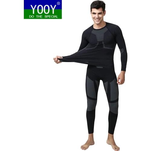 YOOY Men Ski Thermal Underwear Set Boy Quick Dry functional Compression Tracksuit Fitness Tight Shirts Sport Black Sport Suits