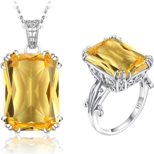 Szjinao Silver Jewelry Set for Women Real 925 Sterling Silver Yellow Crystal Pendant Ring Sets Vintage Brand Fine Jewelry Gift