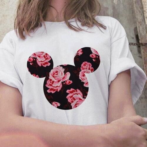 Cute Mouse Head Print Female T-shirt Round Neck Short-Sleeved Lady Tshirt Ulzzang Harajuku Women T shirt