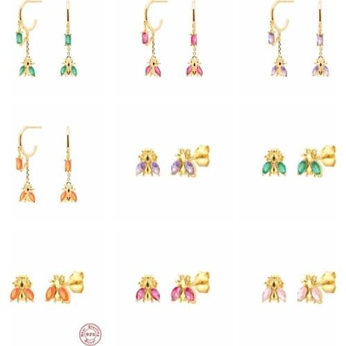 Canner 925 Sterling Silver Earrings For Women 2021 Trend Piercing Stud Earrings With Charm Cute Mini Bee Earrings Rainbow Zircon