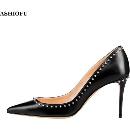 ASHIOFU New Arrival Handmade Ladies High Heel Pumps Mini Rivets Spikes Party Dress Shoes Evening Fashion Slip-on Court Shoes