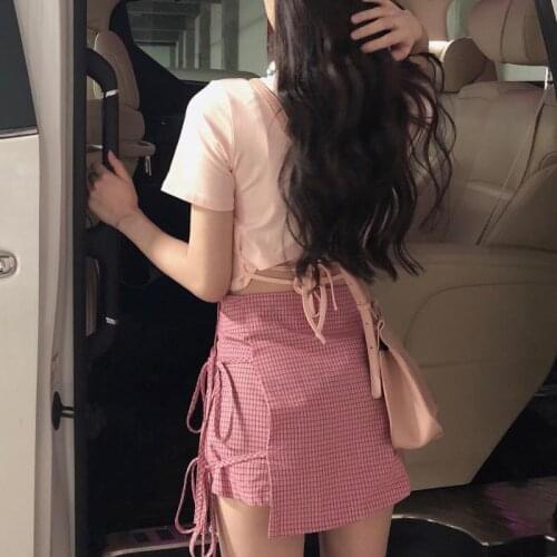 2020 new fashion suit sleeve print t-shirt with strapged grid skirt ins summer Korean version of the womens two-piece set