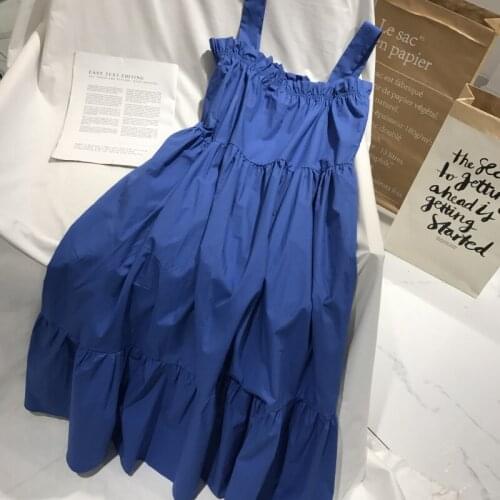 Women Casual Pure Color Cotton Maxi Dress Summer Boho Dress Sexy Ruffles Sleeveless Women Blue Long Dress Elegant