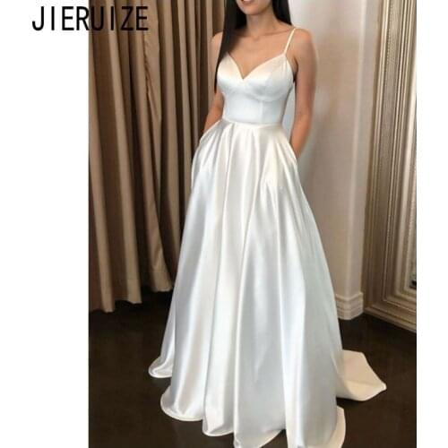 JIERUIZE Simple Satin Evening Dresses Spaghetti Straps Sleeveless Backless A Line White Prom Gowns Formal Dresses robe de mariee