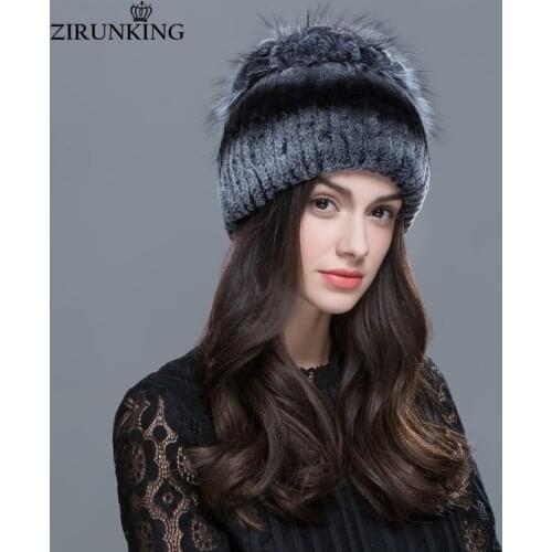 ZIRUNKING Women Winter Fur Hat Warm Rex Rabbit Fur Hats With Fox Fur Flower Top Women Knitted Thick Soft Casual Beanies ZH1601