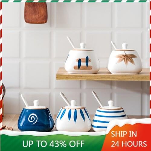 1 Piece Sugar Bowl Household Kitchen Ceramic Salt Condiment Seasoning Jar With Spoon