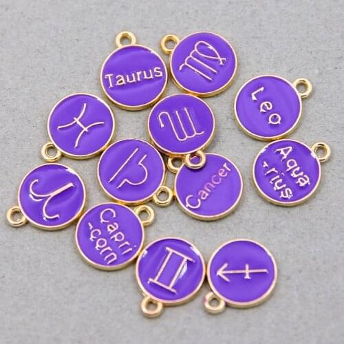 12Pcs Twelve constellations Letter Purple Enamel Charms DIY Earrings Bracelet Pendant Neacklace Accessories For Jewelry Making