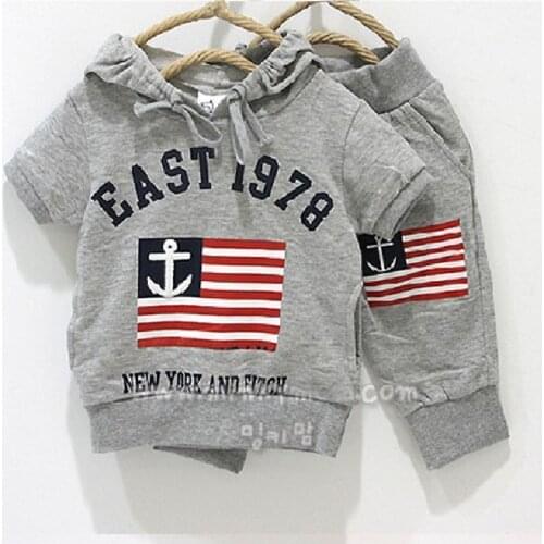 2021 Summer Spring Grey Sailor Flag Boys Hooded Sweatshirts Pants Sets Toddler Outfits 100% Cotton