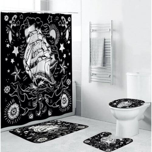 4Pcs/Set Creative Home Ocean Wave Sailboat Printing Shower Curtain Bathroom Mat Toilet Seat Washable Non-slip Floor Mat Set