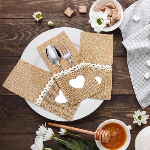 1 pcs love heart jute burlap linen lace tableware holder vintage Christmas birthday wedding party decoration tableware supplies