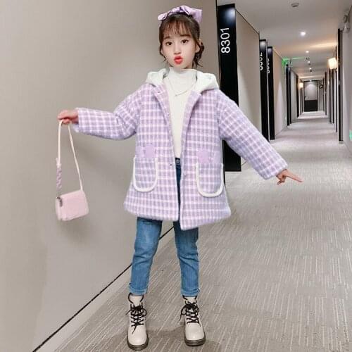 Children Girl Coats Winter Girls Jackets Hooded Mid-long Coat Teenagers Warm Clothes Kids Plaid Outerwear 4 5 6 8 10 12 13 14 Y