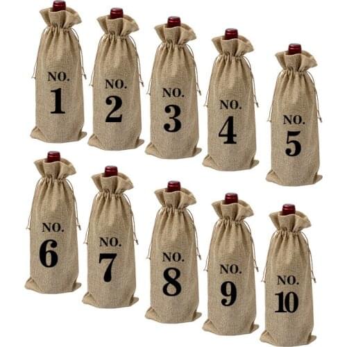 10Pcs Jute Wine Bags Creative Portable Novel Gift Bags Wine Bottle Cover 1 to 10 Numbers Wine Totes Party Supplies