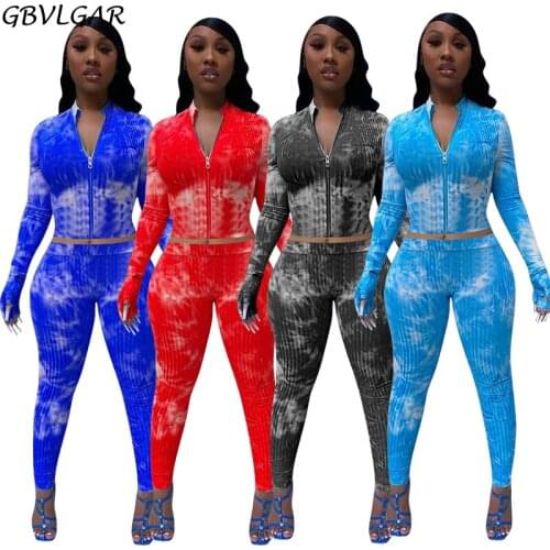 GBVLGAR Women Zipper Tracksuit Tie Dye Print Two Piece Set Female Long Sleeve Crop Top Leggings Ladies Matching Sets 2020