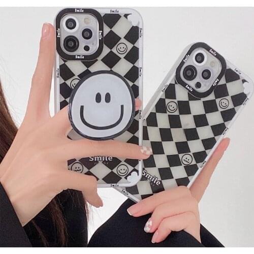 Korea Black&White Lattice Smiley Bracket Phone Case for IPhone11 12Promax 7 8Puls X XR XS Grid Lens Protection Soft Back Cover