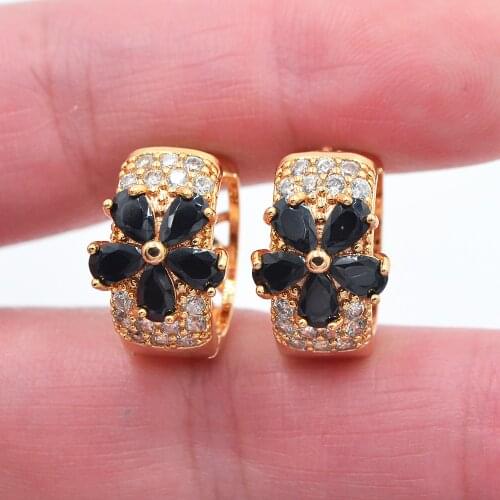 Gold Color Fashion Black Cubic Zirconia CZ Flower Huggie Hoop Earrings for Women