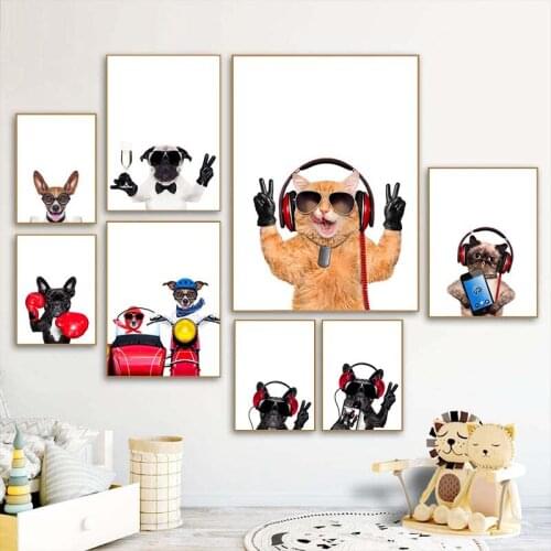Funny Animal Wearing Headphones Wall Art Poster Cute Cat Dog Canvas Print Painting Nordic Kids Baby Room Decoration Pictures