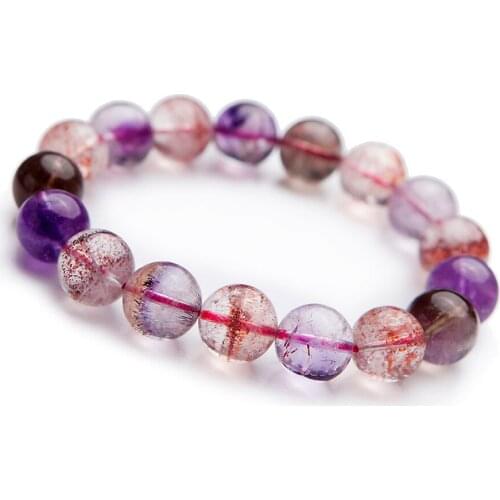 Genuine Natural Super Seven 7 Melody Stone Colorful Rutilated Quartz Crystal Stretch Round Bead Bracelet 13mm