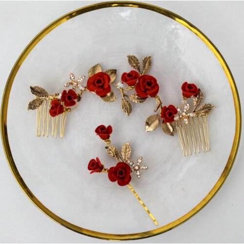 Red rose flower bridal headband vintage gold leaf wedding bride hair accessories decor