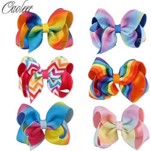 6pcs/lot 4.5" Rainbow Hair Bows With Clips Christmas Hairclip Girls Handmade Printed Ribbon Layers Hairgrips Hair Accessories